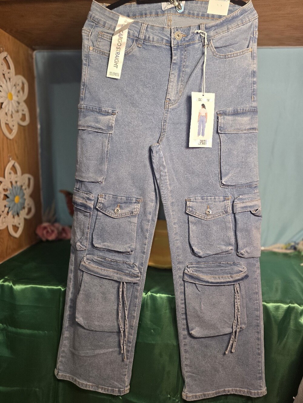Cargo Straight-Leg Women's Jeans - Light Blue